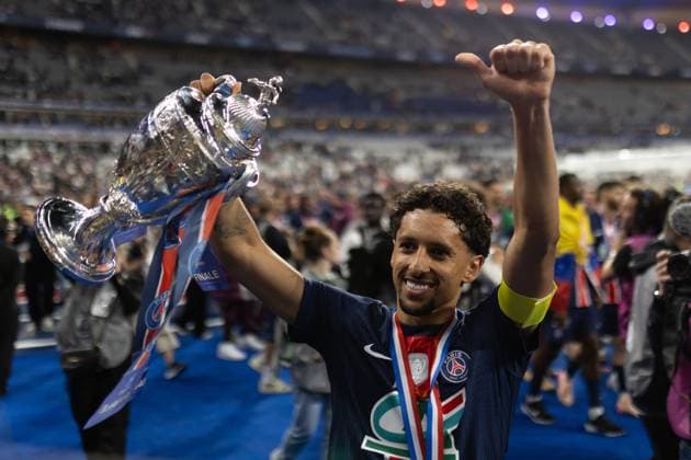 Saint Denis, France, May 24, 2025 - Paris Saint Germain s Brazilian defender 05 Marquinhos and his teammates celebrate their victory after winning the French Cup final football match against Stade de Reims at the Stade de France.  Copyright: xAlexisxSciardx