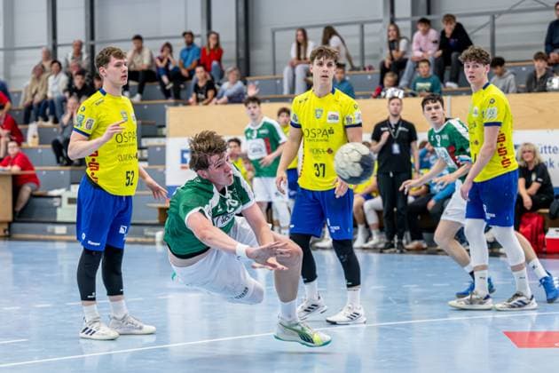 Jugendbundesliga A-Jugend männlich (Qualifikation); HSG Dutenhofen Münchholzhausen - HC Empor Rostock, 24.05.25 Julius Gümbel (HSG Dutenhofen Münchholzhausen, 28), Tom Bialek (HC Empor Rostock, 52), Philip Steinberg (HC Empor Rostock, 37), Joris van der Mei (HSG Dutenhofen Münchholzhausen, 9), Jugendbundesliga A-Jugend männlich (Qualifikation); HSG Dutenhofen Münchholzhausen - HC Empor Rostock: Hüttenberg, 24.05.25