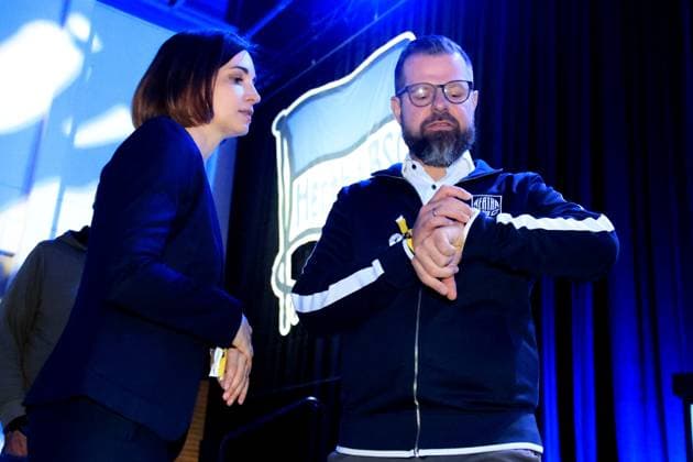 DEU, DFL, 2. FBL, Hertha BSC, Mitgliederversammlung, 25.05.2025, Messe Berlin, Berlin, DEU, DFL, 2. FBL, Hertha BSC, Mitgliederversammlung, im Bild Praesident Fabian Drescher (Hertha BSC Berlin), Anne Noske (Hertha BSC,Vize-Praesidentin) DFL - regulations prohibit any use of Photographs as image sequences and or quasi-video
