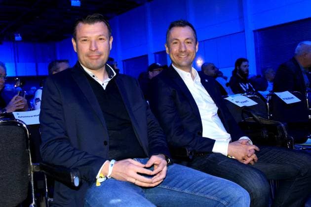 DEU, DFL, 2. FBL, Hertha BSC, Mitgliederversammlung, 25.05.2025, Messe Berlin, Berlin, DEU, DFL, 2. FBL, Hertha BSC, Mitgliederversammlung, im Bild Benjamin Weber (Sportdirektor, Hertha BSC Berlin), Ralf Huschen (Hertha Geschaeftsfuehrung) DFL - regulations prohibit any use of Photographs as image sequences and or quasi-video