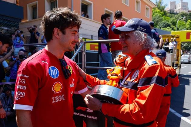 F1 - MONACO GRAND PRIX 2025 LECLERC Charles (mco), Scuderia Ferrari SF-25, portrait giving the Marshal Award during the Formula 1 Tag Heuer Grand Prix de Monaco, 8th round of the 2025 FIA Formula One World Championship, WM, Weltmeisterschaft from May 23 to 25, 2025 on the Circuit de Monaco, in Monte-Carlo, Monaco - Monte-CarloMonaco  Copyright: xJavierxJimenezx