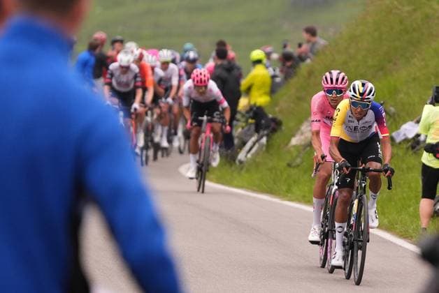 Del Toro Romero Isaac of Uae Team Emirates Xrg, pink jersey, and Bernal Gomez Egan Arley of Ineos Grenadiers during the stage 15 of the Giro d™Italia from Fiume Veneto to Asiago, Italy - Sunday, May 25, 2025. - cycling.  Copyright: xFabioxFerrari LaPressex