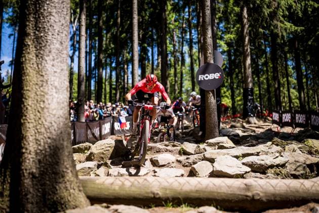 Christopher Blevins of USA competes during the Mountain bike cross country Men Elite World Cup event, Nove Mesto na Morave, Czech Republic, May 24, 2025. (CTKxPhoto JaroslavxSvoboda) CTKPhotoP2025052504024  CTKPhotoP2025052504024