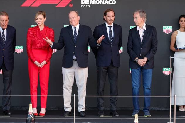 Charlene Lynette Grimaldi, Fuerstin von Monaco und Fuerst von Monaco Albert II, Andrea Albert Pierre Casiraghi, Sohn von Prinzessin Caroline von Monaco, Besitzer der LVMH-Gruppe, Bernard Arnault, Rennen, Grosser Preis von Monaco, Motorsport, Herren, Formel 1, 25.05.2025 Monte Carlo Monaco MCO