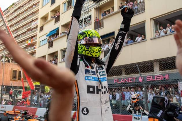 Formel1 GP Monaco Sonntag, 25.05.2025 Lando Norris 4, McLaren Formula 1 Team beim Siegesjubel; Formel1 GP Monaco Sonntag, 25.05.2025 Copyright: xBEAUTIFULxSPORTS Erlhofx