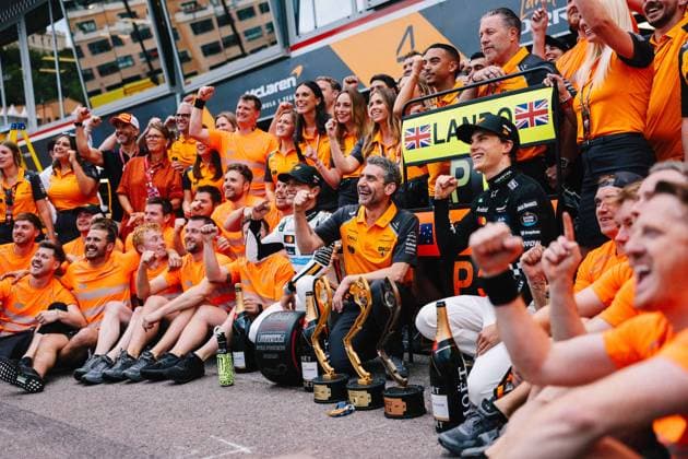 F1 - MONACO GRAND PRIX 2025 celebration NORRIS Lando (gbr), McLaren F1 Team MCL39, STELLA Andrea (ita), Team Principal of McLaren F1 Team, PIASTRI Oscar (aus), McLaren F1 Team MCL39, portrait during the Formula 1 Tag Heuer Grand Prix de Monaco, 8th round of the 2025 FIA Formula One World Championship, WM, Weltmeisterschaft from May 23 to 25, 2025 on the Circuit de Monaco, in Monte-Carlo, Monaco - Monte-CarloMonaco Copyright: xANTONINxVINCENTx