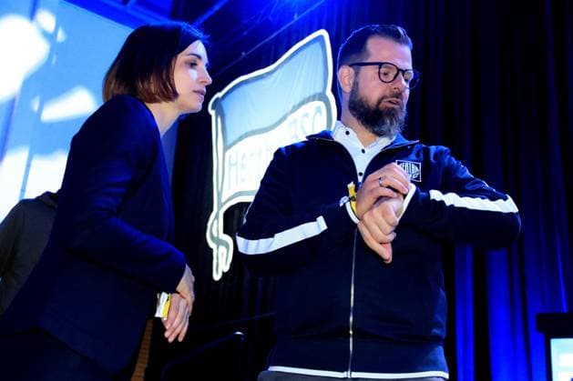 DEU, DFL, 2. FBL, Hertha BSC, Mitgliederversammlung, 25.05.2025, Messe Berlin, Berlin, DEU, DFL, 2. FBL, Hertha BSC, Mitgliederversammlung, im Bild Praesident Fabian Drescher (Hertha BSC Berlin), Anne Noske (Hertha BSC,Vize-Praesidentin) DFL - regulations prohibit any use of Photographs as image sequences and or quasi-video