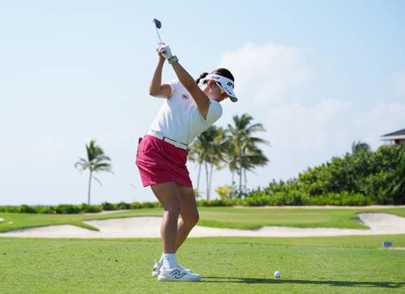 Golf: Mexico Riviera Maya Open Japan s Chisato Iwai hits a tee shot during the final round of the Mexico Riviera Maya Open at the El Camaleon Golf Course in Playa del Carmen, Mexico, on May 25, 2025.  A14AA0004599176P