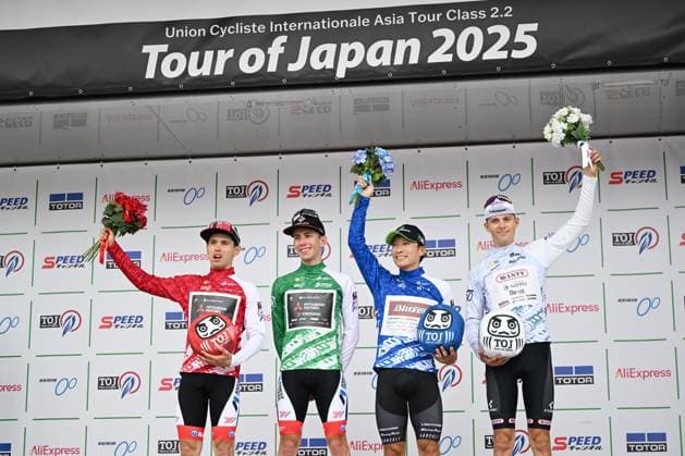(L-R) Nicol Garibbo (JCL), Alessandro Fancellu (JCL), Atsushi Oka (BLZ), Maxence Place (WNR), MAY 25, 2025 - Cycling : Tour of Japan 2025 8th stage Award ceremony Speed Channel Tokyo in Tokyo, Japan. Noxthirdxpartyxsales  (291776583)