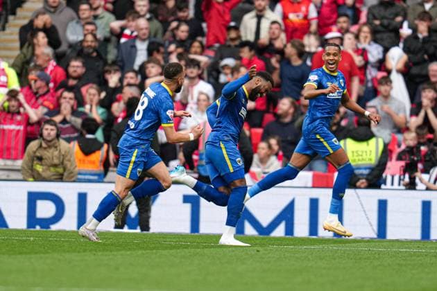 Sky Bet League 2 Playoff Final AFC Wimbledon v Walsall Wimbledon celebrate goal during the Sky Bet League 2 Playoff Final match AFC Wimbledon vs Walsall at Wembley Stadium, London, United Kingdom, 26th May 2025 (Photo by Harvey Murphy News Images) Copyright: xHarveyxMurphy NewsxImagesx