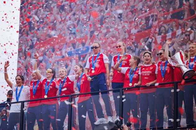 Katie McCabe (11 Arsenal) and Players of Arsenal during the UEFA Womens Champions League Arsenal Trophy Lift at Emirates Stadium in London, England. (Pauline FIGUET SPP) Copyright: xPaulinexFIGUETx xSPPx spp-en-PaFiSp-PF_ARS3240