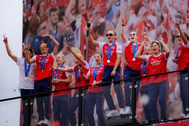 Beth Mead (9 Arsenal) Katie McCabe (11 Arsenal) Kyra Cooney-Cross (32 Arsenal) during the UEFA Womens Champions League Arsenal Trophy Lift at Emirates Stadium in London, England. (Pauline FIGUET SPP) Copyright: xPaulinexFIGUETx xSPPx spp-en-PaFiSp-PF_ARS3246
