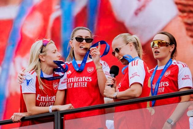 Leah Williamson (6 Arsenal) Steph Catley (7 Arsenal) Beth Mead (9 Arsenal) and Caitlin Foord (19 Arsenal) during the UEFA Womens Champions League Arsenal Trophy Lift at Emirates Stadium in London, England. (Pauline FIGUET SPP) Copyright: xPaulinexFIGUETx xSPPx spp-en-PaFiSp-PF_ARS3306
