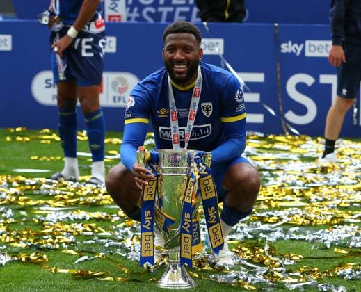 26th May 2025; Wembley Stadium, London, England; EFL League Two Play Off Football Final, AFC Wimbledon versus Walsall; Winning goal scorer Myles Hippolyte of AFC Wimbledon with the Sky Bet League Two Play-off winners trophy  ActionPlus12794826 KatiexChan