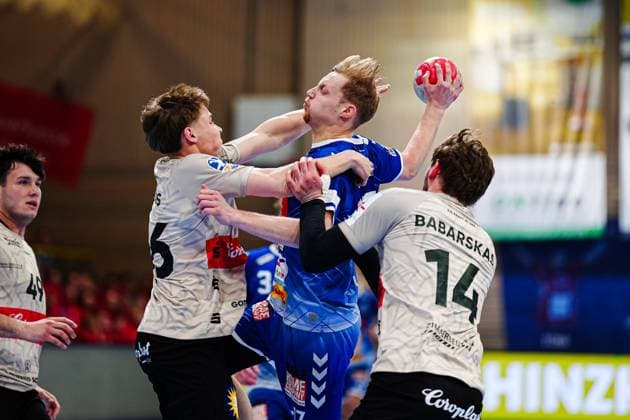 Julian Fuchs (Bergischer HC, 46), Niko Blaauw (VfL Luebeck-Schwartau, 17), Gerdas Babarskas (Bergischer HC, 14) GER, VfL Luebeck-Schwartau vs. Bergischer HC, Handball, 2. Bundesliga, Spieltag 32, Saison 2024 2025, 26.05.2025 GER, VfL Luebeck-Schwartau vs. Bergischer HC, Handball, 2. Bundesliga, Spieltag 32, Saison 2024 2025, 26.05.2025 Luebeck