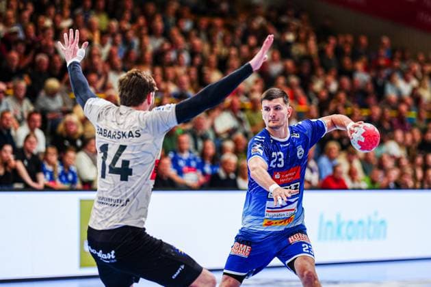 Gerdas Babarskas (Bergischer HC, 14), Janik Schrader (VfL Luebeck-Schwartau, 23) GER, VfL Luebeck-Schwartau vs. Bergischer HC, Handball, 2. Bundesliga, Spieltag 32, Saison 2024 2025, 26.05.2025 GER, VfL Luebeck-Schwartau vs. Bergischer HC, Handball, 2. Bundesliga, Spieltag 32, Saison 2024 2025, 26.05.2025 Luebeck