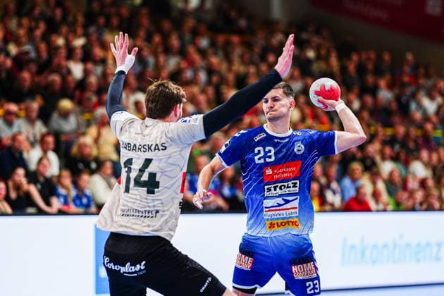 Gerdas Babarskas (Bergischer HC, 14), Janik Schrader (VfL Luebeck-Schwartau, 23) GER, VfL Luebeck-Schwartau vs. Bergischer HC, Handball, 2. Bundesliga, Spieltag 32, Saison 2024 2025, 26.05.2025 GER, VfL Luebeck-Schwartau vs. Bergischer HC, Handball, 2. Bundesliga, Spieltag 32, Saison 2024 2025, 26.05.2025 Luebeck