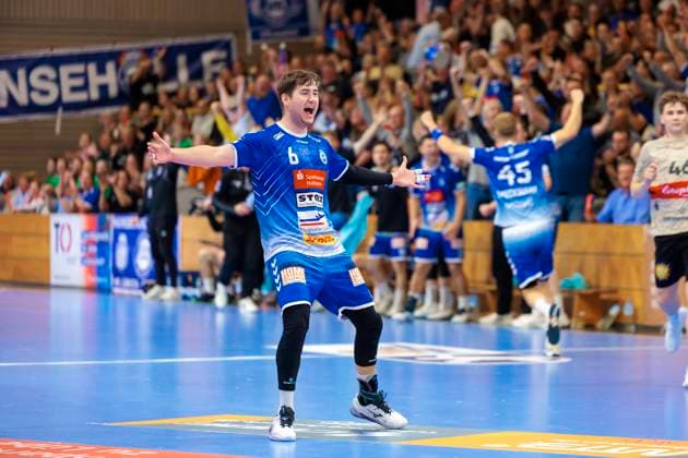 Rasmus Houmoeller (Nr. 6, VfL Luebeck-Schwartau) freut sich jubelt. VfL Luebeck-Schwartau vs. Bergischer HC, Handball, 2. Bundesliga, 26.05.25 Luebeck Schleswig-Holstein Germany
