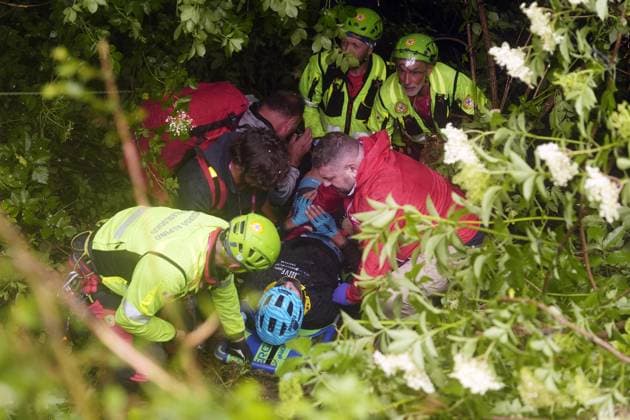 Martinelli Alessio of Vf Group Bardianicsf-Faizane™ after the fall during the stage 16 of the Giro d™Italia from Piazzola sul Brenta to San Valentino (Brentonico), Italy - Tuesday, May 27, 2025. - cycling.  Copyright: xFabioxFerrari LaPressex