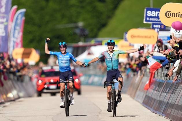 Scaroni Christian of Xds Astana Team winner of the stage with Fortunato Lorenzo of Xds Astana Team azure jersey during the stage 16 of the Giro d™Italia from Piazzola sul Brenta to San Valentino (Brentonico), Italy - Tuesday, May 27, 2025. - cycling.  Copyright: xMassimoxPaolone LaPressex