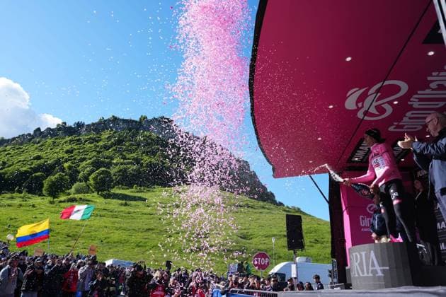 Del Toro Romero Isaac of Uae Team Emirates Xrg pink jersey on the podium during the stage 16 of the Giro d™Italia from Piazzola sul Brenta to San Valentino (Brentonico), Italy - Tuesday, May 27, 2025. - cycling.  Copyright: xGianxMattiaxD Alberto LaPressex