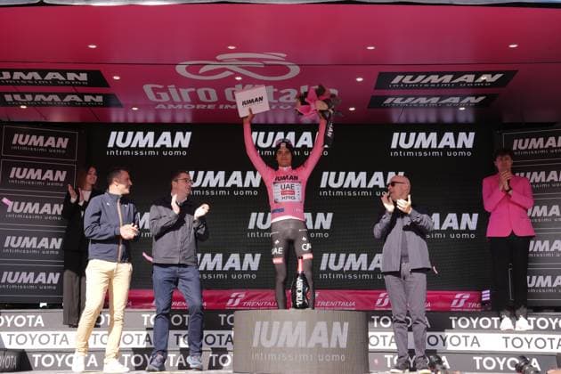 Del Toro Romero Isaac of Uae Team Emirates Xrg pink jersey on the podium during the stage 16 of the Giro d™Italia from Piazzola sul Brenta to San Valentino (Brentonico), Italy - Tuesday, May 27, 2025. - cycling.  Copyright: xMassimoxPaolone LaPressex