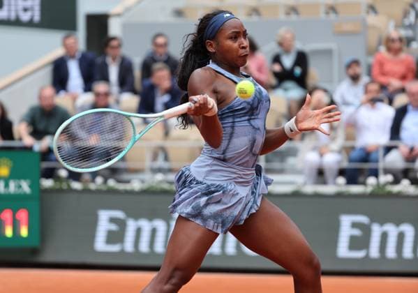 Coco Gauff of the US plays against Olivia Gadecki of Australia during their first-round match at the French Tennis Open in Roland Garros in Paris, France, on Monday, May 26, 2025. Gauff won 6-2, 6-2.  PAR20250527110 MAYAxVIDON-WHITE