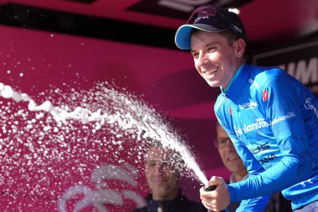 Fortunato Lorenzo of Xds Astana Team azure jersey on the podium during the stage 16 of the Giro d™Italia from Piazzola sul Brenta to San Valentino (Brentonico), Italy - Tuesday, May 27, 2025. - cycling.  Copyright: xGianxMattiaxD Alberto LaPressex