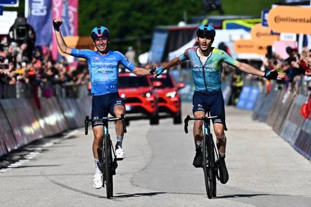 May 27, 2025, San Valentino, ITALY: Italian rider Lorenzo Fortunato of XDS Astana Team wearing the best climber s blue jersey and Italian rider Christian Scaroni of Xds Astana Team to cross the finish line and win the 16th stage of the 108 Giro d Italia 2025, cycling race over 203 km from Piazzola sul Brenta to San Valentino, 27 May 2025. ANSA LUCA ZENNARO. Giro D Italia Cycling Tour - Stage 16  - ZUMAa110 20250527_zaf_a110_019 Copyright: xLucaxZennarox