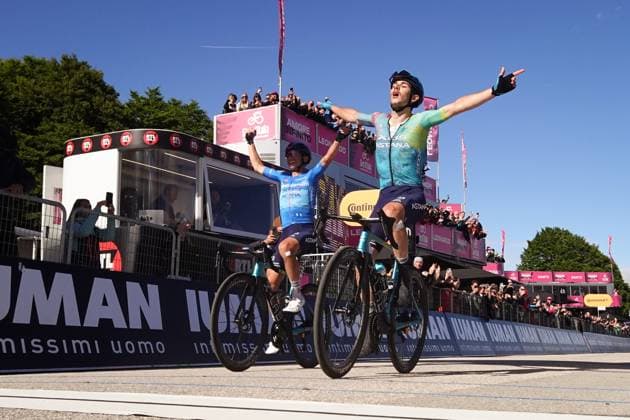 Scaroni Christian of Xds Astana Team winner of the stage with Fortunato Lorenzo of Xds Astana Team azure jersey during the stage 16 of the Giro dÕItalia from Piazzola sul Brenta to San Valentino (Brentonico), Italy - Tuesday, May 27, 2025. - cycling.  Copyright: xMassimoxPaolone LaPressex