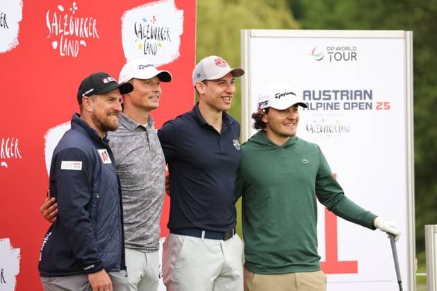 GOLF - Austrian Alpine Open HENNDORF,AUSTRIA,28.MAY.25 - GOLF - DP World Tour, Austrian Alpine Open, ProAm, Golfclub Gut Altentann. Image shows Max Franz, Alex Manninger, Peter Hochkofler and Max Steinlechner (AUT).  GEPAxpictures xMathiasxMandl