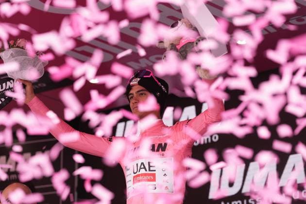 Del Toro Romero Isaac of Uae Team Emirates Xrg pink jersey on the podium during the stage 17 of the Giro d™Italia from San Michele all Adige (Edmund Mach Foundation) to Bormio, Italy - Wednesday, May 28, 2025. - cycling.  Copyright: xMassimoxPaolone LaPressex