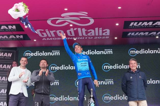 Fortunato Lorenzo of Xds Astana Team, blue jersey, the stage 17 of the Giro d™Italia from San Michele all™Adige (fondazione Edmund Mach) to Bormio, Italy - Wednesday, May 28, 2025. - cycling.  Copyright: xGianxMatttiaxD Alberto LaPressex