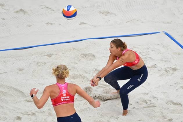 From left Marie-Sara Stochlova and Marketa Svozilova Czech Republicin action during the Groupe D women match Marketa Svozilova and Marie-Sara Stochlova of Czech Republic vs Anouk Verge-Depre and Zoe Verge-Depre of Switzerland at the Pro Tour Elite Beach volleyball, Beachvolleyball tournament in Ostrava, Czech Republic, May 28, 2025. (CTKxPhoto JaroslavxOzana) CTKPhotoP2025052806919  CTKPhotoP2025052806919