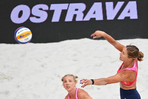From left Marie-Sara Stochlova and Marketa Svozilova of Czech Republic in action during the Groupe D women match Marketa Svozilova and Marie-Sara Stochlova of Czech Republic vs Anouk Verge-Depre and Zoe Verge-Depre of Switzerland at the Pro Tour Elite Beach volleyball, Beachvolleyball tournament in Ostrava, Czech Republic, May 28, 2025. (CTKxPhoto JaroslavxOzana) CTKPhotoP2025052806939  CTKPhotoP2025052806939