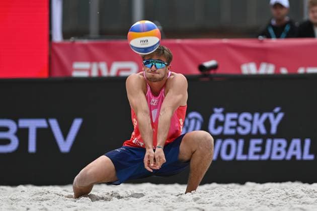 Tadeas Trousil of Czech Republic in action during the Groupe D men match Tadeas Trousil and Matyas Dzavoronok of Czech Republic vs Miles Partain and Andrew Benesh of USA at the Pro Tour Elite Beach volleyball, Beachvolleyball tournament in Ostrava, Czech Republic, May 29, 2025. (CTKxPhoto JaroslavxOzana) CTKPhotoP2025052903433  CTKPhotoP2025052903433