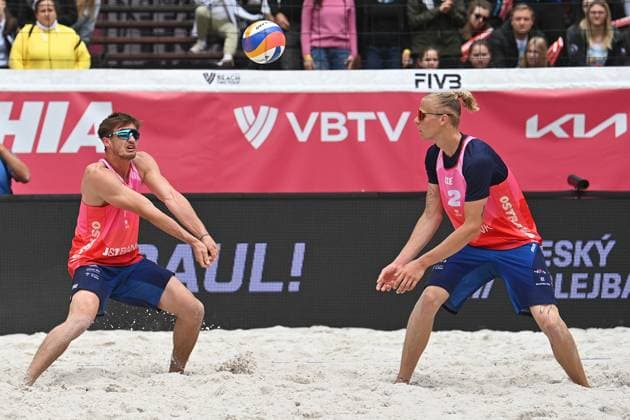 Tadeas Trousil, left, and Matyas Dzavoronok of Czech Republic in action during the Groupe D men match Tadeas Trousil and Matyas Dzavoronok of Czech Republic vs Miles Partain and Andrew Benesh of USA at the Pro Tour Elite Beach volleyball, Beachvolleyball tournament in Ostrava, Czech Republic, May 29, 2025. (CTKxPhoto JaroslavxOzana) CTKPhotoP2025052903780  CTKPhotoP2025052903780
