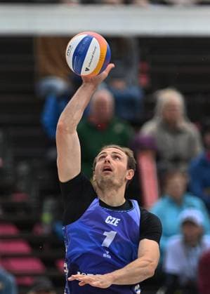 Ondrej Perusic of Czech Republic in action during the Groupe F men match Ondrej Perusic and David Schweiner of Czech Republic vs Marco Grimalt and Esteban Grimalt of Chile at the Pro Tour Elite Beach volleyball, Beachvolleyball tournament in Ostrava, Czech Republic, May 29, 2025. (CTKxPhoto JaroslavxOzana) CTKPhotoP2025052904279  CTKPhotoP2025052904279