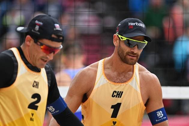 Esteban Grimalt, left, and Marco Grimalt of Chile in action during the Groupe F men match Ondrej Perusic and David Schweiner of Czech Republic vs Marco Grimalt and Esteban Grimalt of Chile at the Pro Tour Elite Beach volleyball, Beachvolleyball tournament in Ostrava, Czech Republic, May 29, 2025. (CTKxPhoto JaroslavxOzana) CTKPhotoP2025052904428  CTKPhotoP2025052904428