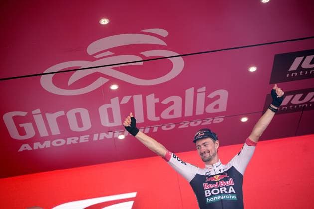 Denz Nico of Red Bull - Bora - Hansgrohe Team winner of the stage on the podium during the stage 18 of the Giro d™Italia from Morbegno to Cesano Maderno, Italy - Thursday, May 29, 2025. - cycling.  Copyright: xMarcoxAlpozzi LaPressex