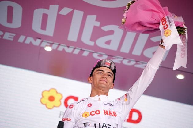 Del Toro Romero Isaac of Uae Team Emirates Xrg white jersey on the podium during the stage 18 of the Giro d™Italia from Morbegno to Cesano Maderno, Italy - Thursday, May 29, 2025. - cycling.  Copyright: xMarcoxAlpozzi LaPressex