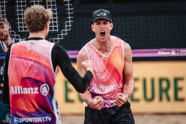 Beachvolleyball Männer Allianz German Beach Tour 2025 Tourstop Hamburg 29.05.2025 Tristan Fröbel jubelt Hamburg Active City Arena Heiligengeistf Hamburg Deutschland