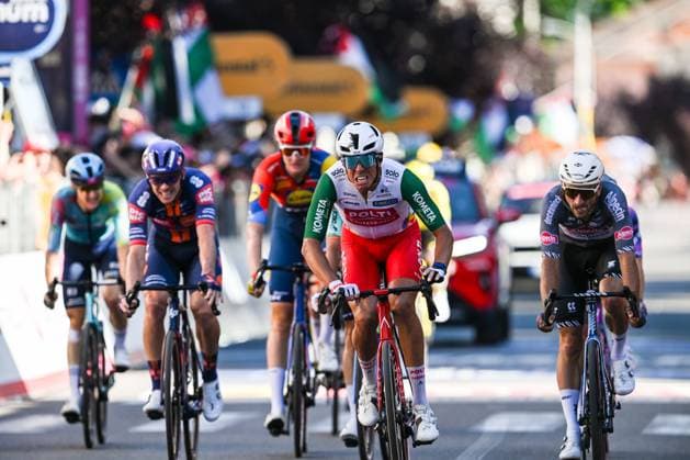 108th Giro D Italia 2025 - Stage 18 In Cesano Maderno, Italy, on May 29, 2025, Team Polti VisitMalta s Italian rider Mirco Maestri celebrates his second position after crossing the finish line during the 108th Giro d Italia 2025, Stage 18, a 144km stage from Morbegno to Cesano Maderno. Cesano Maderno Italy  Copyright: xTizianoxBallabiox originalFilename:ballabio-108thgir250529_npwcz.jpg