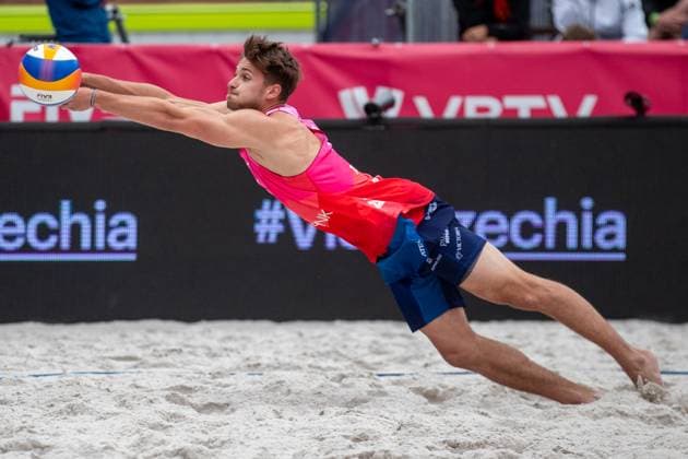 Tadeas Trousil of Czech Republic in action during the Group D men match Maximilian Just and Philipp Huster of Germany vs Tadeas Trousil and Matyas Dzavoronok of Czech Republic at the Pro Tour Elite Beach volleyball, Beachvolleyball tournament in Ostrava, Czech Republic, May 30, 2025. (CTKxPhoto VladimirxPrycek) CTKPhotoP2025053002840  CTKPhotoP2025053002840