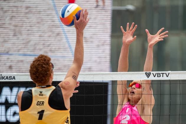From left Maximilian Just of Germany and Matyas Dzavoronok of Czech Republic in action during the Group D men match Maximilian Just and Philipp Huster of Germany vs Tadeas Trousil and Matyas Dzavoronok of Czech Republic at the Pro Tour Elite Beach volleyball, Beachvolleyball tournament in Ostrava, Czech Republic, May 30, 2025. (CTKxPhoto VladimirxPrycek) CTKPhotoP2025053002841  CTKPhotoP2025053002841