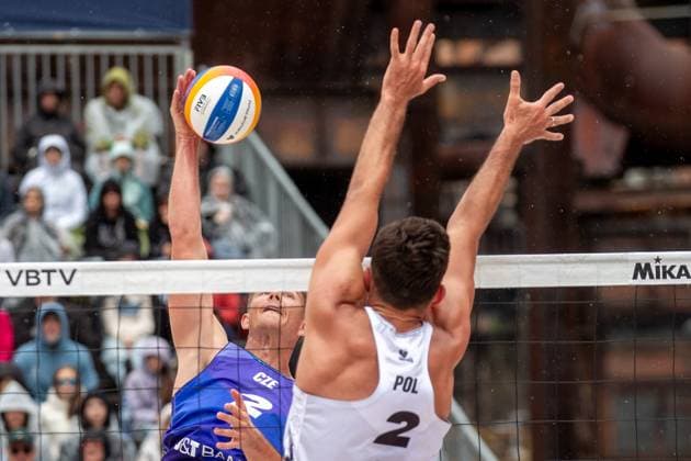 From left David Schweiner of Czech Republic and Michal Bryl of Poland in action during the Group F men match Ondrej Perusic and David Schweiner of Czech Republic vs Bartosz Losiak of Poland at the Pro Tour Elite Beach volleyball, Beachvolleyball tournament in Ostrava, Czech Republic, May 30, 2025. (CTKxPhoto VladimirxPrycek) CTKPhotoP2025053003614  CTKPhotoP2025053003614