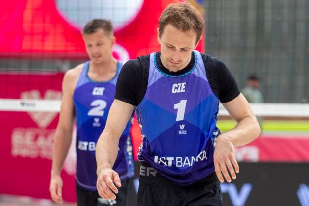 David Schweiner, left, and Ondrej Perusic of Czech Republic during the Group F men match Ondrej Perusic and David Schweiner of Czech Republic vs Bartosz Losiak of Poland at the Pro Tour Elite Beach volleyball, Beachvolleyball tournament in Ostrava, Czech Republic, May 30, 2025. (CTKxPhoto VladimirxPrycek) CTKPhotoP2025053003650  CTKPhotoP2025053003650