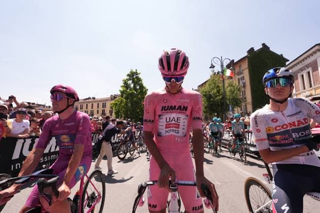 Del Toro Romero Isaac of Uae Team Emirates Xrg, pink jersey, Pedersen Mads of Lidl-Trek, cyclamen jersey, Pellizzari Giulio of Red Bull - Bora - Hansgrohe White jersey during the stage 19 of the Giro d™Italia from Biella to Champoluc, Italy - Friday, May 30, 2025. - cycling.  Copyright: xMassimoxPaolone LaPressex
