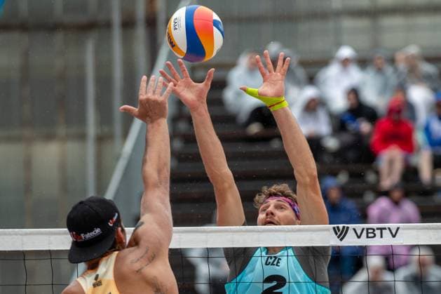 From left Arthur Diego Mariano Lanci of Brasil and Jiri Sedlak of Czech Republic in action during the Group B men match Jakub Sepka and Jiri Sedlak of Czech Republik vs Evandro Goncalves Oliveira Junior and Arthur Diego Mariano Lanci of Brasil at the Pro Tour Elite Beach volleyball, Beachvolleyball tournament in Ostrava, Czech Republic, May 30, 2025. (CTKxPhoto VladimirxPrycek) CTKPhotoP2025053004406  CTKPhotoP2025053004406