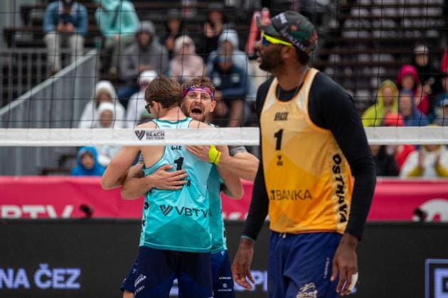 From left Jakub Sepka and Jiri Sedlak of Czech Republic and Evandro Goncalves Oliveira Junior of Brasil during the Group B men match Jakub Sepka and Jiri Sedlak of Czech Republik vs Evandro Goncalves Oliveira Junior and Arthur Diego Mariano Lanci of Brasil at the Pro Tour Elite Beach volleyball, Beachvolleyball tournament in Ostrava, Czech Republic, May 30, 2025. (CTKxPhoto VladimirxPrycek) CTKPhotoP2025053004463  CTKPhotoP2025053004463